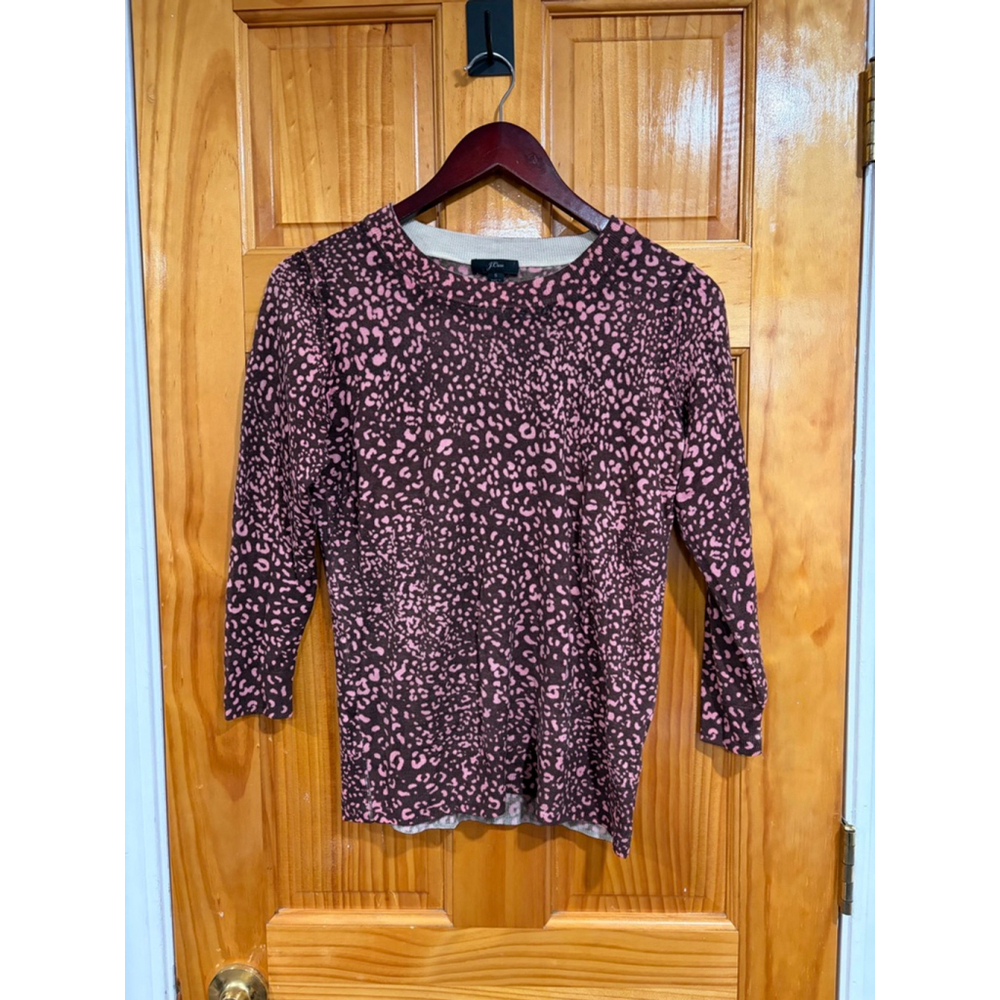 J.Crew 100% Merino Wool Pink Brown Leopard Print Crewneck Sweater Size Small